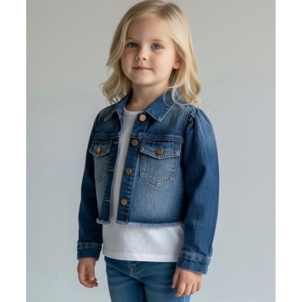 Blue Cropped Puff Sleeve Denim Jacket Size 8Y Raw Hem Kids Outerwear